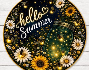 Fireflies Hello Summer Sign, Aluminum Metal Art, Tiered Tray Decor, Door Hanger