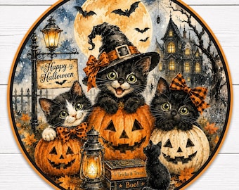 Black Cats Halloween Sign, Aluminum Metal Art, Tiered Tray Decor