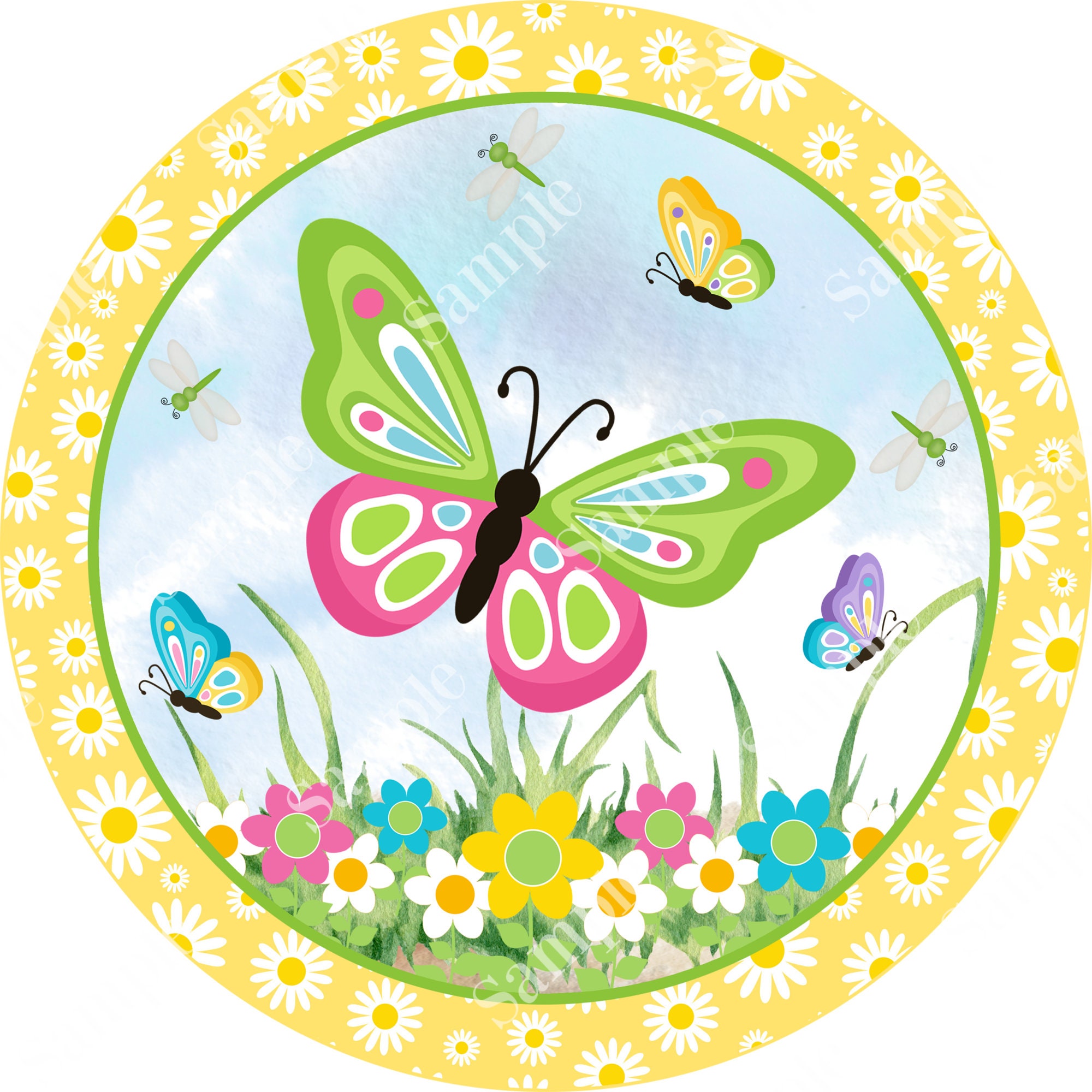 Yellow Spring Butterfly Sign - Round Spring Summer Sign for Wreaths ...