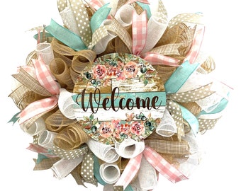 Rustic Floral Welcome Wreath, DIY Wreath Kit, Spring Door Decor, Farmhouse Mesh Wreath