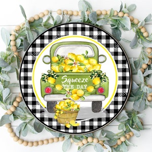 Lemon Truck Sign - Round Spring Summer Lemon Sign for Wreaths - Buffalo Plaid Vintage Truck Sign - Everyday Wreath Sign