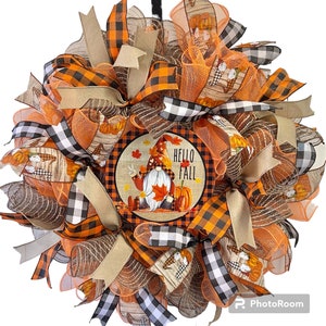 Hello Fall Pumpkin Gnome Wreath or Wreath Kit, Fall Wreath for Front Door Wreath, Fall Pumpkin Door Hanger Wreath, DIY Wreath Kit