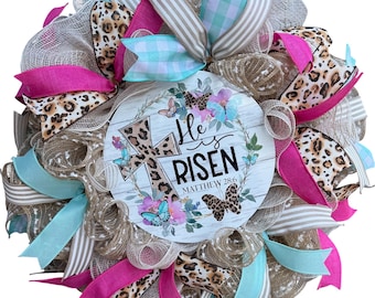 He is Risen Easter Wreath, Leopard Cheetah Print, Spring Door Decor