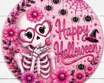 Pink Skeleton Halloween Sign, Aluminum Metal Art, Tiered Tray Decor, Door Hanger