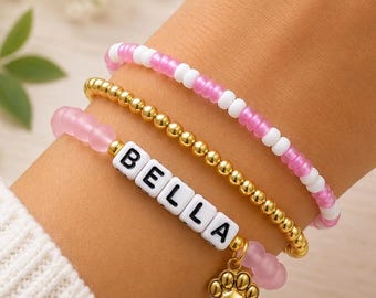 Custom Pet Memorial Bracelet Stack | Gold Beaded Stretch Bracelets | Dainty Jewelry | Gift for her Pet mom