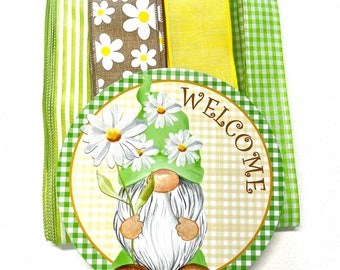 Welcome Daisy Gnome Wreath Sign and Ribbon Combo, Wreath Supplies, Wreath Center, Wreath Kit, Summer Decor, Summer Wreath, Door Hanger