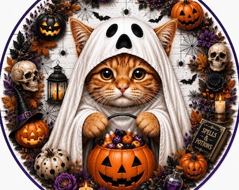 Kitty Cat Ghost Halloween Sign, Aluminum Metal Art, Tiered Tray Decor