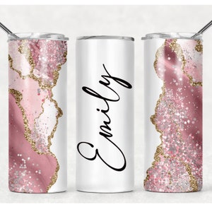 Personalized Pink Marble Glitter Effect 20 oz Skinny Tumbler, Drinkware, stainless steel tumbler, sublimation tumbler