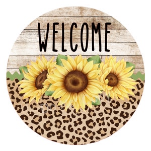 Rustic Welcome Leopard Cheetah Sunflower Sign, Door Hanger, Sunflower Wreath Sign, Farmhouse Sign, Tiered Tray Sign, Farmhouse Decor