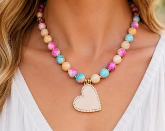 Cotton Candy Colorful Beaded Heart Pendant Necklace | Handmade Statement Necklace | Pastel Gemstone Jewelry | Chunky Necklace | Gift for her