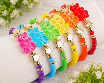 Colorful Sugar Bear Beaded Bracelet | Sugar Bear Stretch Bracelet | Bright Chunky Jewelry | Gift for Teacher | Friendship Gift
