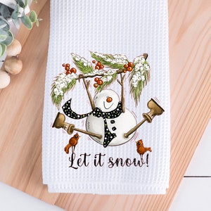 Let it Snow Snowman Christmas Tea Towel 16x24&quot;, Kitchen Towel, Dish Towel, Waffle Weave Towel, Farmhouse Kitchen Decor Kitchen,