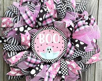 Pink Ghost Halloween Wreath or Wreath Kit, Halloween Wreath for Front Door Wreath, Halloween Wreath  Door Hanger Wreath, DIY Wreath Kit