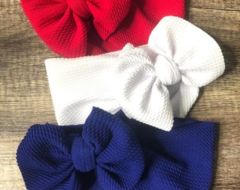 USA Solid Bow Head Wrap color For baby Girl Bow HeadWraps Nylon Headbands American Patriotic Red White Blue 4th of July Flag USA Set Bundle