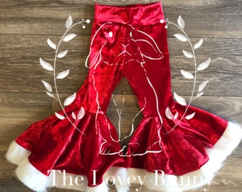 Santa Bell Bottoms Velvet Red Christmas Holiday Girls Baby Bells pants Leggings Velour Sherpa Santa Baby Red White Stretch Pageant