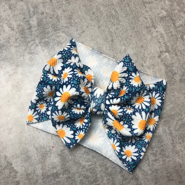 Daisy Blue Yellow Floral Baby Girl Bow HeadWraps Nylon Headbands Large Bow Head bands Clip Daisies Flower Print Spring Summer white teal