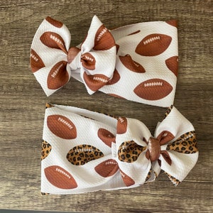 Football Bow Baby Girl Bow HeadWraps Nylon Headbands Clip Hairband Toddler White Brown Cheetah Leopard Fall NFL College Gameday Team Spirit