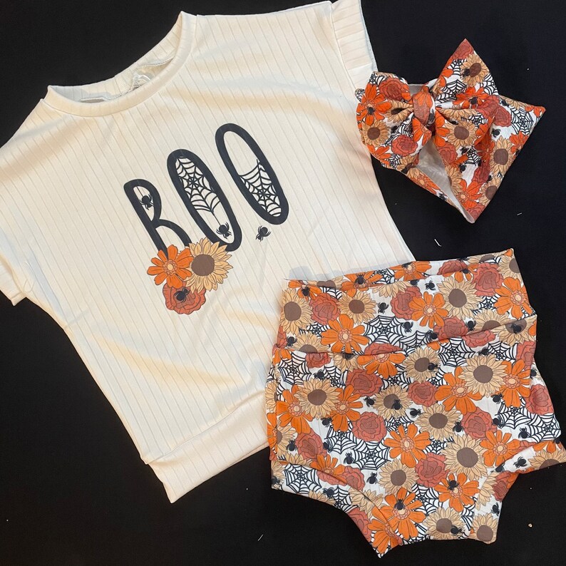 Halloween lounge set shirt Bummies Bow Graphic tee boo ghosts floral Shorts MatchingHead Band Spider Web spooky Print Clip Headband 