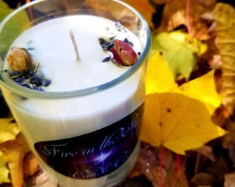 Clear Wine Bottle Recycled into a White Soy Candle (available in over 50 scents)  *w/dried flowers & amethyst*