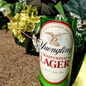 May include: A green glass with a Yuengling Traditional Lager label. The label features an eagle and the text "America's Oldest Brewery Since 1829". The glass is 12 fl oz and sits on a textured surface with greenery in the background.