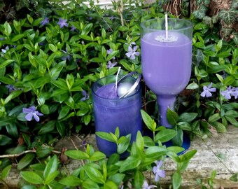 Hand Poured Soy Candle in a Cut Recycled Clear Wine Bottle with Bangle to Keep in Purple (available in many scents)
