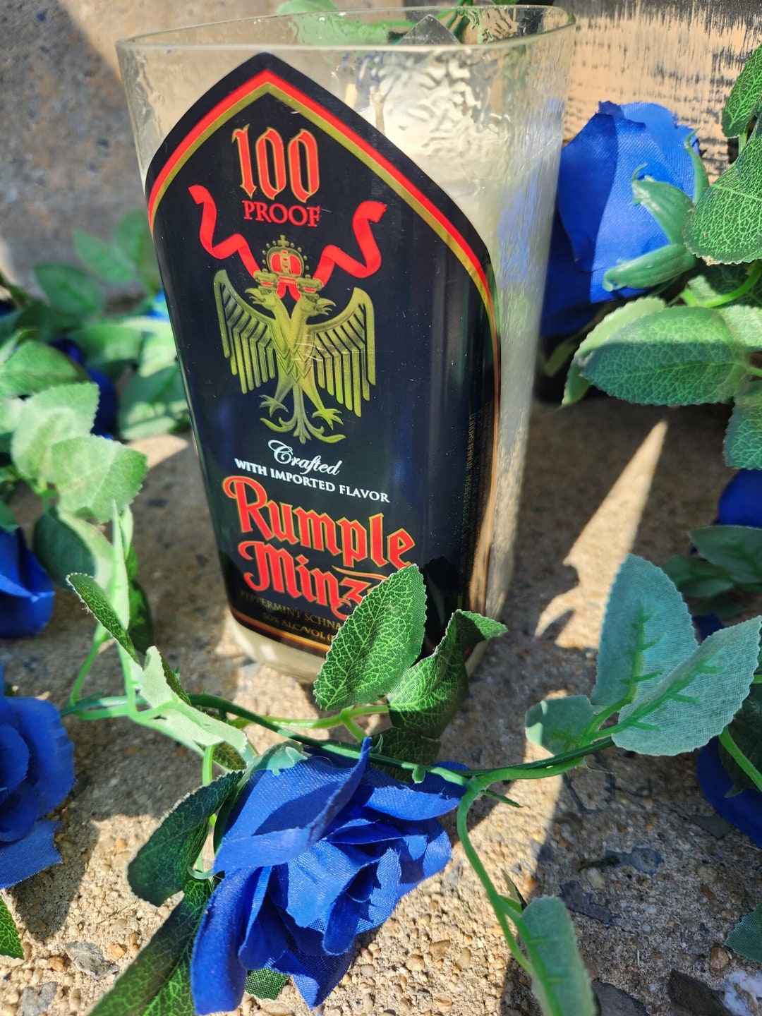 Rumple Minze Tall Bottle Recycled Into a Hand Poured White Soy Candle available in Many Scents