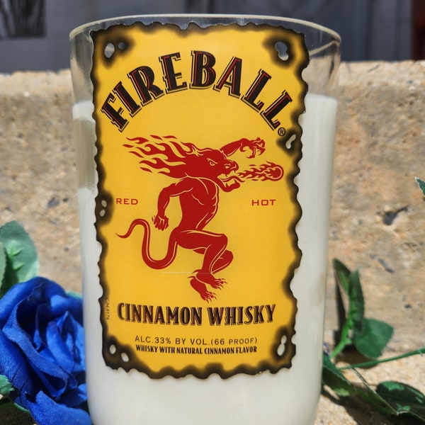 Fireball Whiskey Bottle Recycled into a White Soy Candle