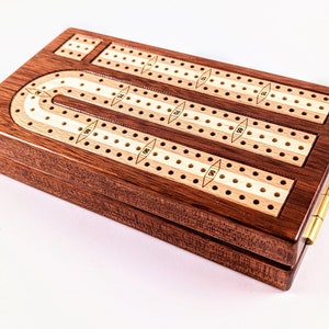 Inlaid Wood 3 Track Travel Sized Cribbage Board Handcrafted Bloodwood w/ European Beech and Maple Inlay Metal Pegs and Cards image 3