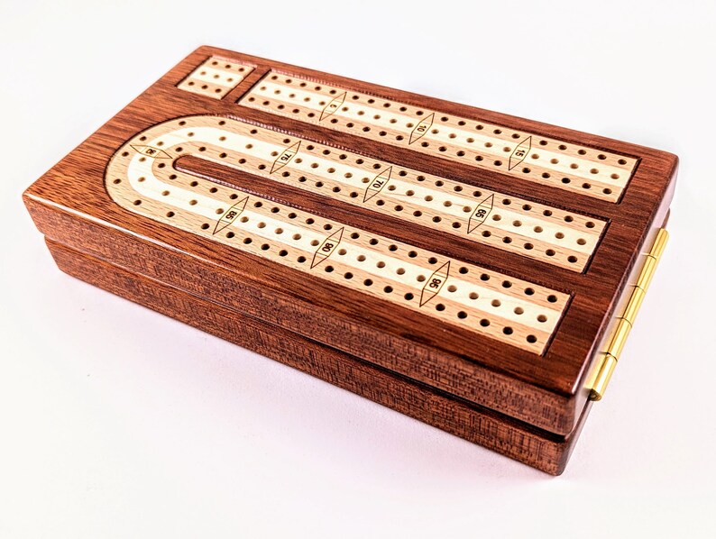 Inlaid Wood 3 Track Travel Sized Cribbage Board Handcrafted Bloodwood w/ European Beech and Maple Inlay Metal Pegs and Cards image 3