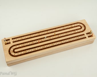 Inlaid Wood 3 Track Cribbage Board – 120 Point Continuous Loop – Handcrafted Maple with Peruvian Walnut Inlay – Metal Pegs & Cards