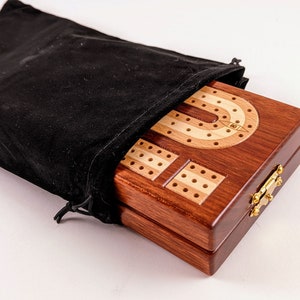Inlaid Wood 3 Track Travel Sized Cribbage Board Handcrafted Bloodwood w/ European Beech and Maple Inlay Metal Pegs and Cards image 5