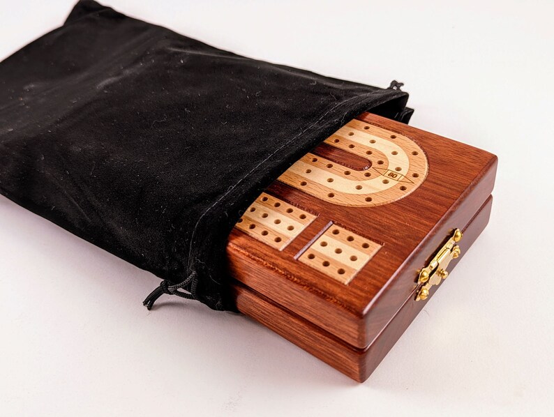 Inlaid Wood 3 Track Travel Sized Cribbage Board Handcrafted Bloodwood w/ European Beech and Maple Inlay Metal Pegs and Cards image 5