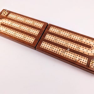 Inlaid Wood 3 Track Travel Sized Cribbage Board Handcrafted Bloodwood w/ European Beech and Maple Inlay Metal Pegs and Cards image 2