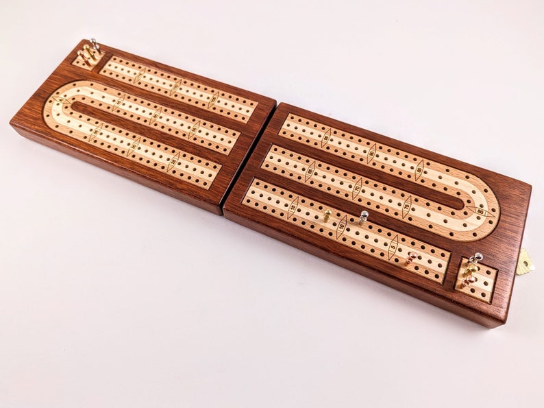 Inlaid Wood 3 Track Travel Sized Cribbage Board Handcrafted Bloodwood w/ European Beech and Maple Inlay Metal Pegs and Cards image 2