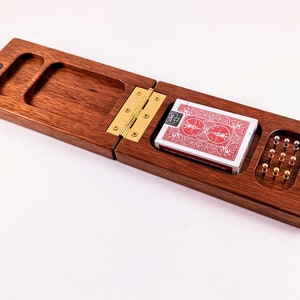 Inlaid Wood 3 Track Travel Sized Cribbage Board Handcrafted Bloodwood w/ European Beech and Maple Inlay Metal Pegs and Cards image 6