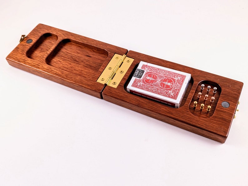 Inlaid Wood 3 Track Travel Sized Cribbage Board Handcrafted Bloodwood w/ European Beech and Maple Inlay Metal Pegs and Cards image 6