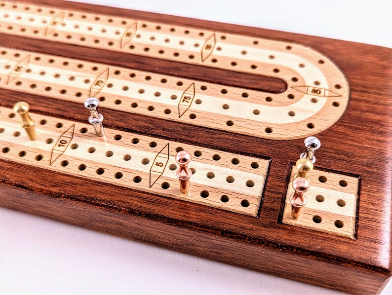 Inlaid Wood 3 Track Travel Sized Cribbage Board Handcrafted Bloodwood w/ European Beech and Maple Inlay Metal Pegs and Cards image 4