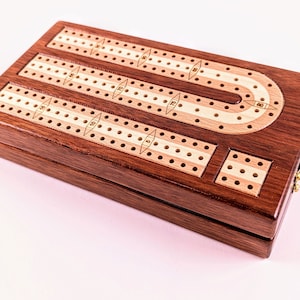 Inlaid Wood 3 Track Travel Sized Cribbage Board Handcrafted Bloodwood w/ European Beech and Maple Inlay Metal Pegs and Cards image 1
