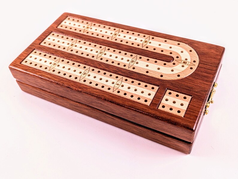 Inlaid Wood 3 Track Travel Sized Cribbage Board Handcrafted Bloodwood w/ European Beech and Maple Inlay Metal Pegs and Cards image 1