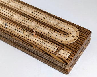 Inlaid Wood 3 Track Cribbage Board – 120 Point Continuous Loop – Handcrafted Zebrawood with Beech and Maple Inlay – Metal Pegs & Cards