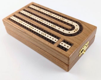 Inlaid Wood 3 Track Travel Sized Cribbage Board – Handcrafted Cherry Wood w/ Roasted Maple and Maple Inlay - Metal Pegs and Cards