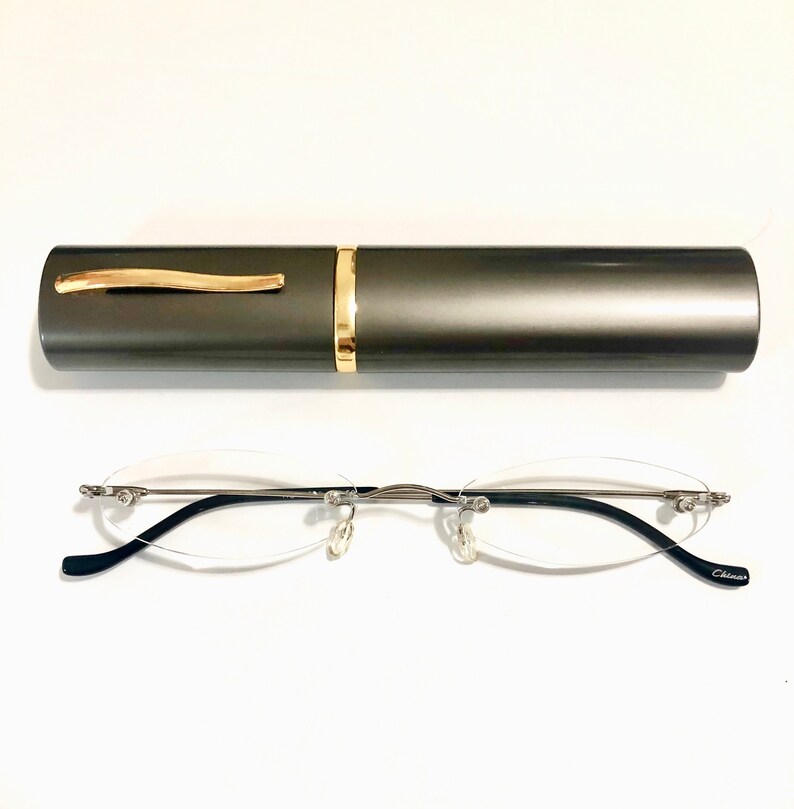 Tiny Oval Rimless Metal Reading Glasses Spring Hinge With Case Etsy