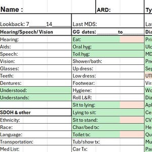 May include: A medical form with various health-related fields, including hearing, speech, vision, and diagnoses. The form has green and red highlighted sections, with checkboxes for active conditions. The text includes medical terms and phrases.