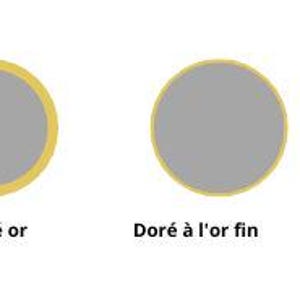 May include: Diagram showing three different types of gold plating: Gold Filled, Plaqu&eacute; or, and Dor&eacute; &agrave; l'or fin.  The diagram uses a yellow circle to represent gold and a gray circle to represent base metal or brass.