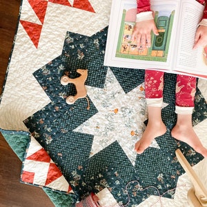 May include: A green and white quilt with a large star in the center. The quilt is on a wooden floor and there is a child's toy wooden horse and a spool of red and white twine on the quilt. A child in red pajamas is sitting on the quilt reading a book.