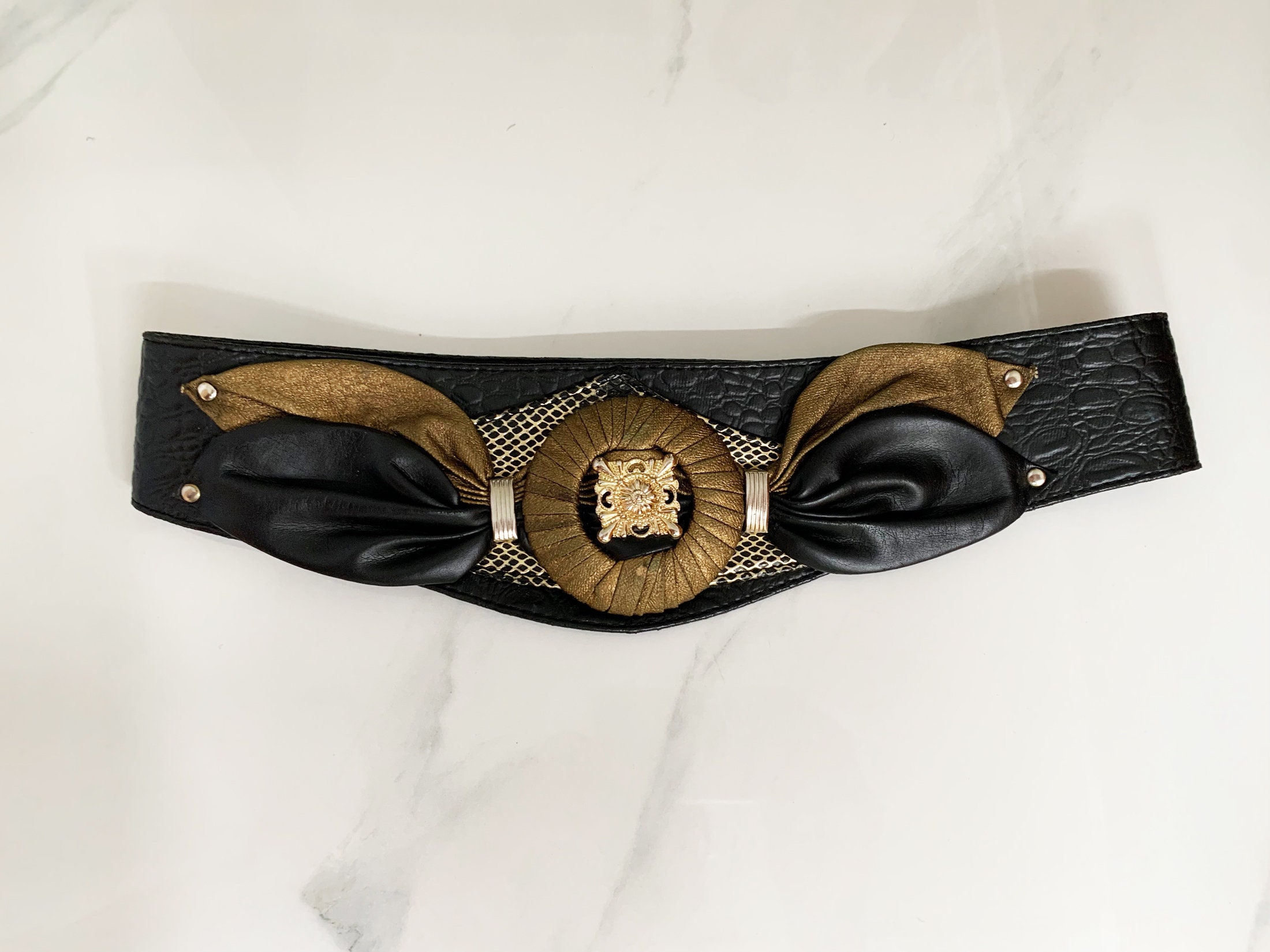 Vintage 80s Gothic Cinch Belt: Black Leather, Gold Baroque 