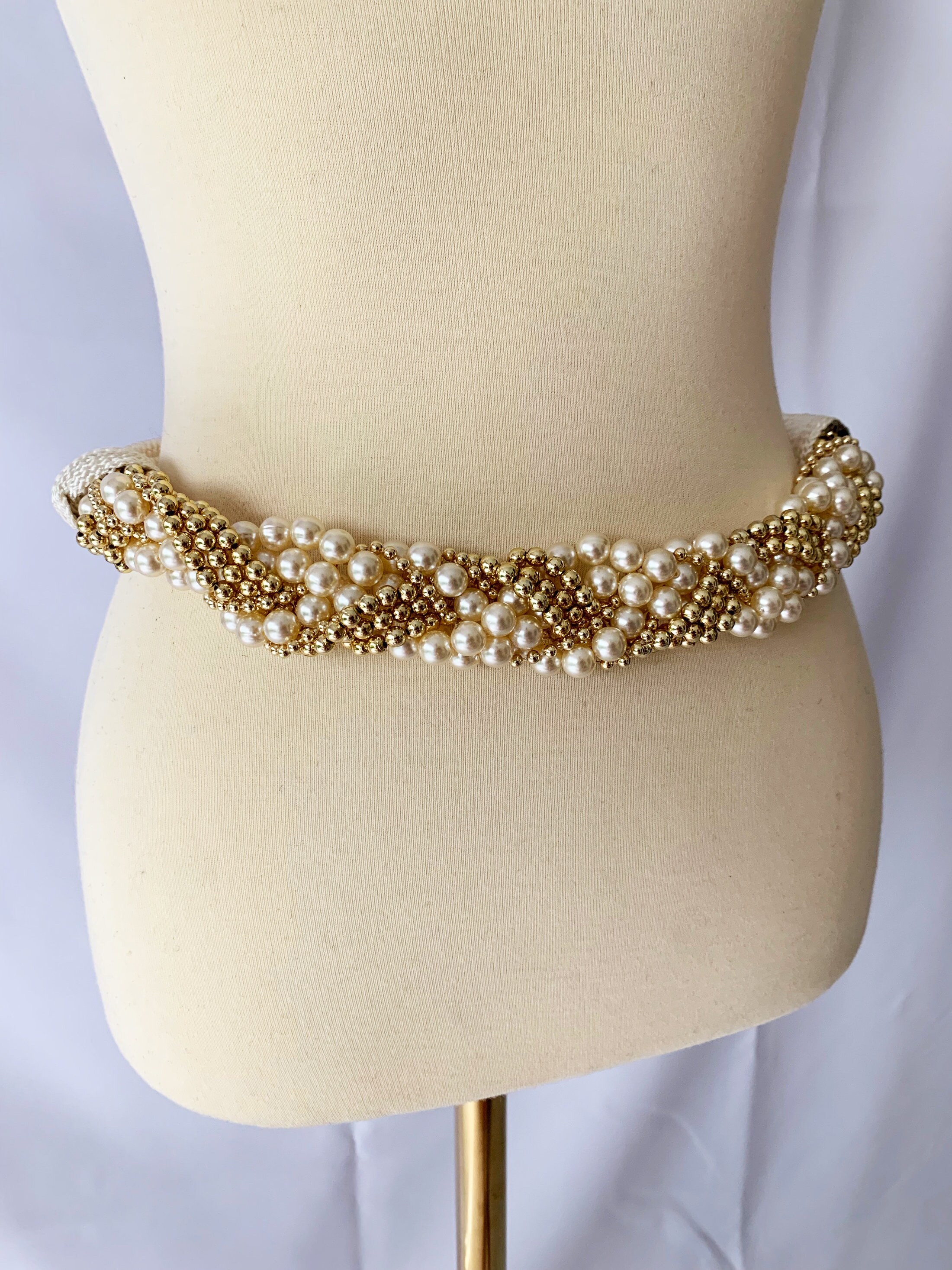 Pearl Accessories‎ Vintage 80s Gold Braided Woven Leather Belt Large Made USA Vintage 1980s Black, White & Gold Belt/Braided Rope Belt  main image 2