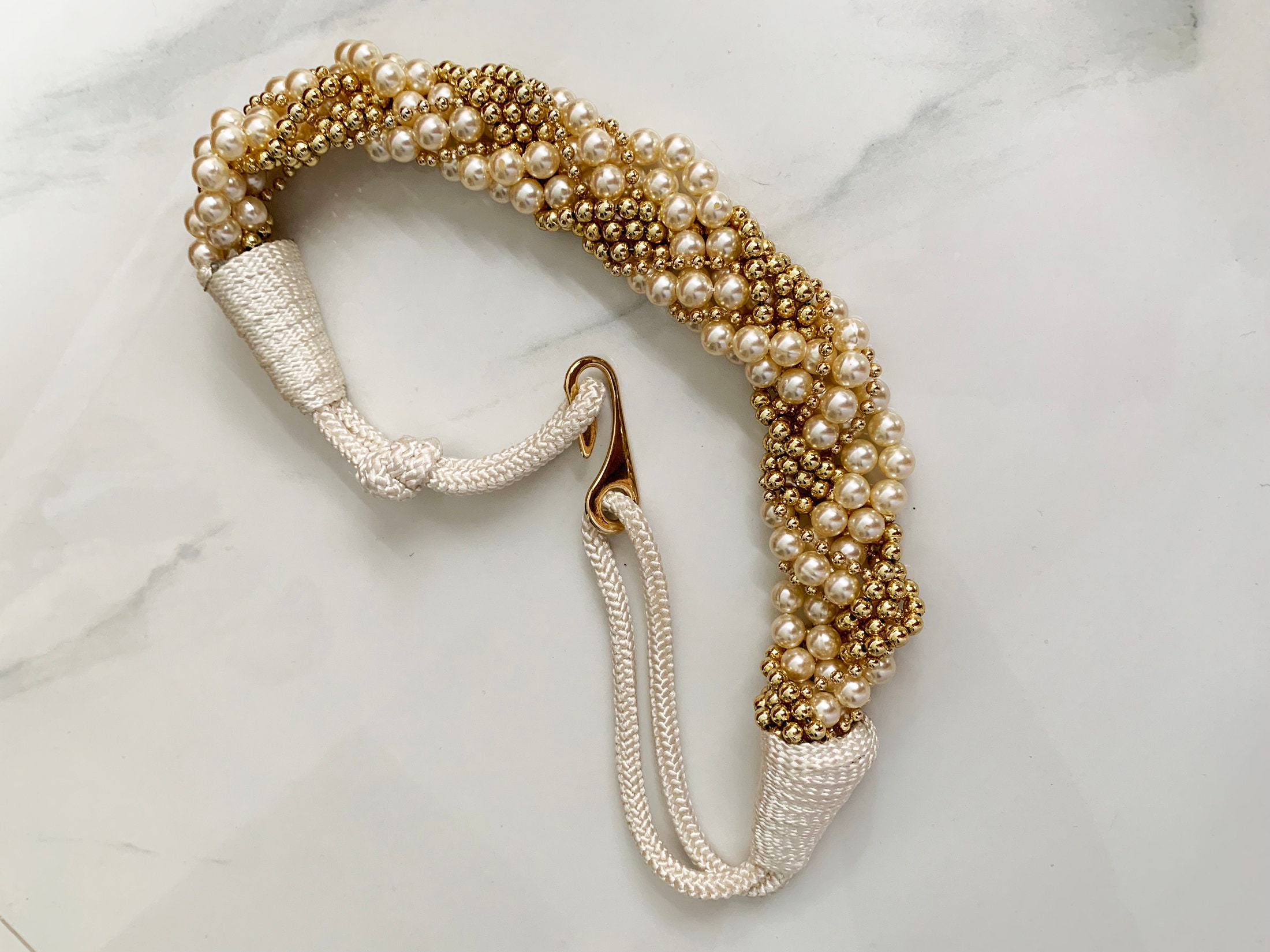Pearl Accessories‎ Vintage 80s Gold Braided Woven Leather Belt Large Made USA Vintage 1980s Black, White & Gold Belt/Braided Rope Belt  main image 3