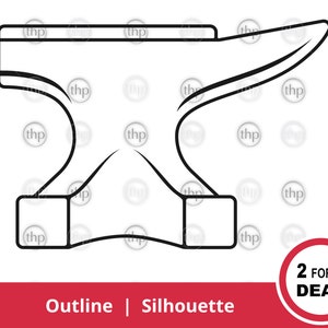 May include: A black and white outline illustration of an anvil, a traditional blacksmithing tool. The anvil is depicted in a side view, with the horn and base clearly visible. The image is labeled "Outline | Silhouette".