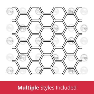 May include: Black and white honeycomb pattern design. The image features a repeating geometric pattern of interconnected hexagons. The phrase "Multiple Styles Included" is displayed in white text on a red background.